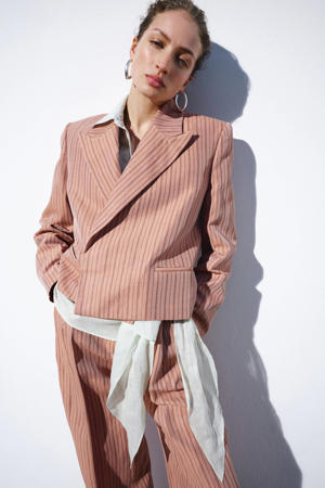 cropped blazer met linnen met krijtstreep oudroze