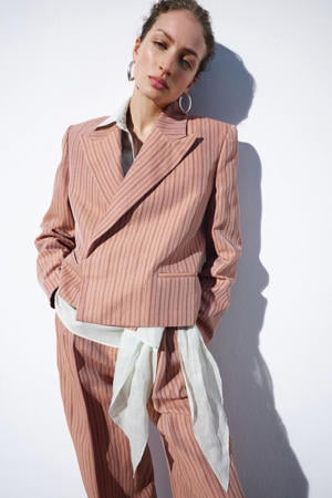 cropped blazer met linnen met krijtstreep oudroze