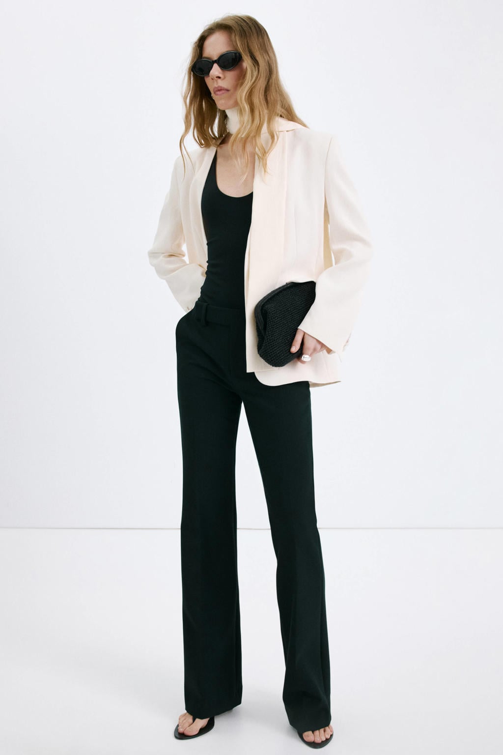 Beige dames Mango regular blazer van polyester met effen, lange mouwen, reverskraag, knoopsluiting en ceintuur
