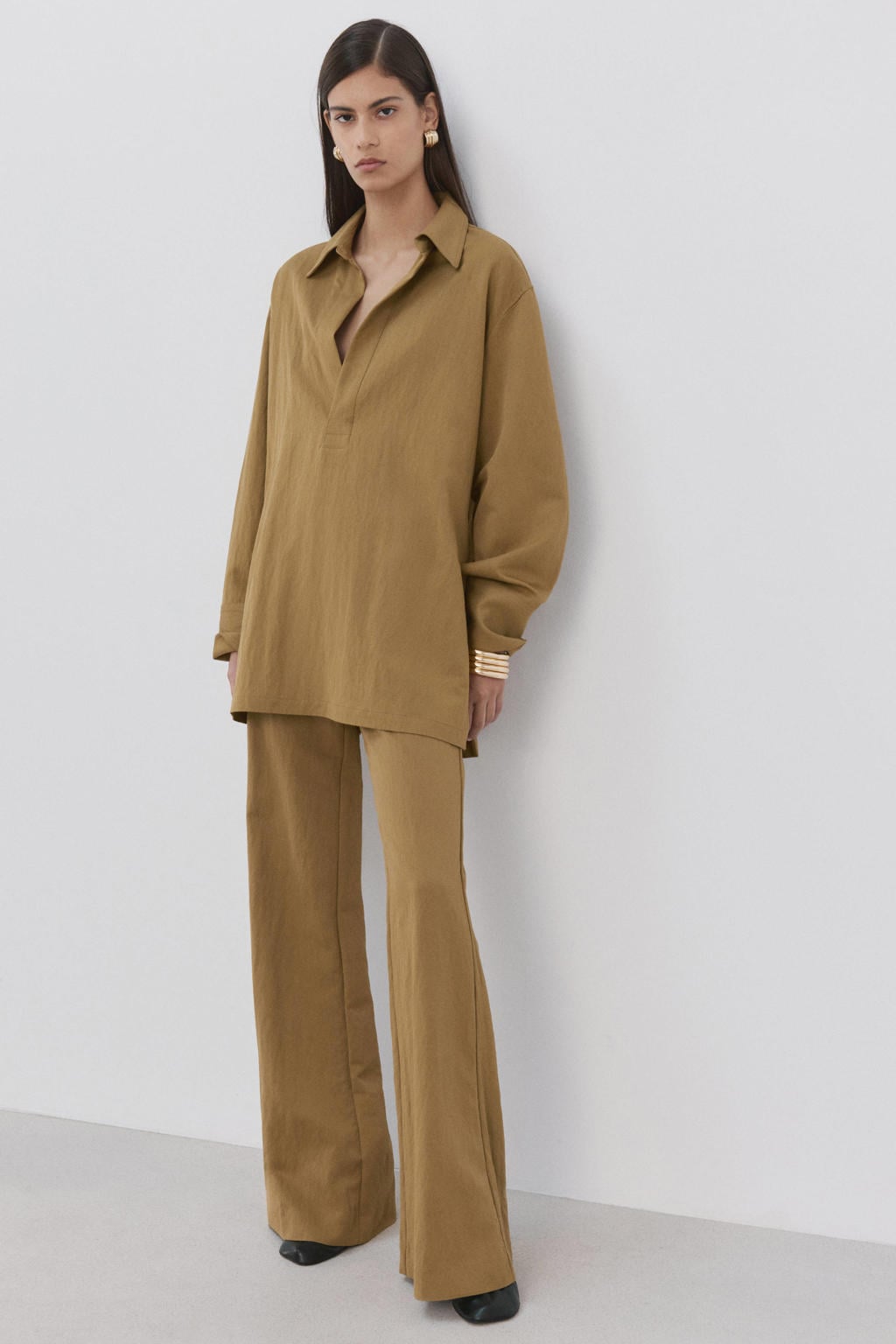 Okergele dames Mango blousetop van polyamide met effen, lange mouwen en V-hals