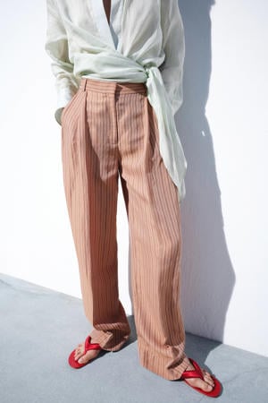 straight regular waist gestreepte broek met linnen lichtroze