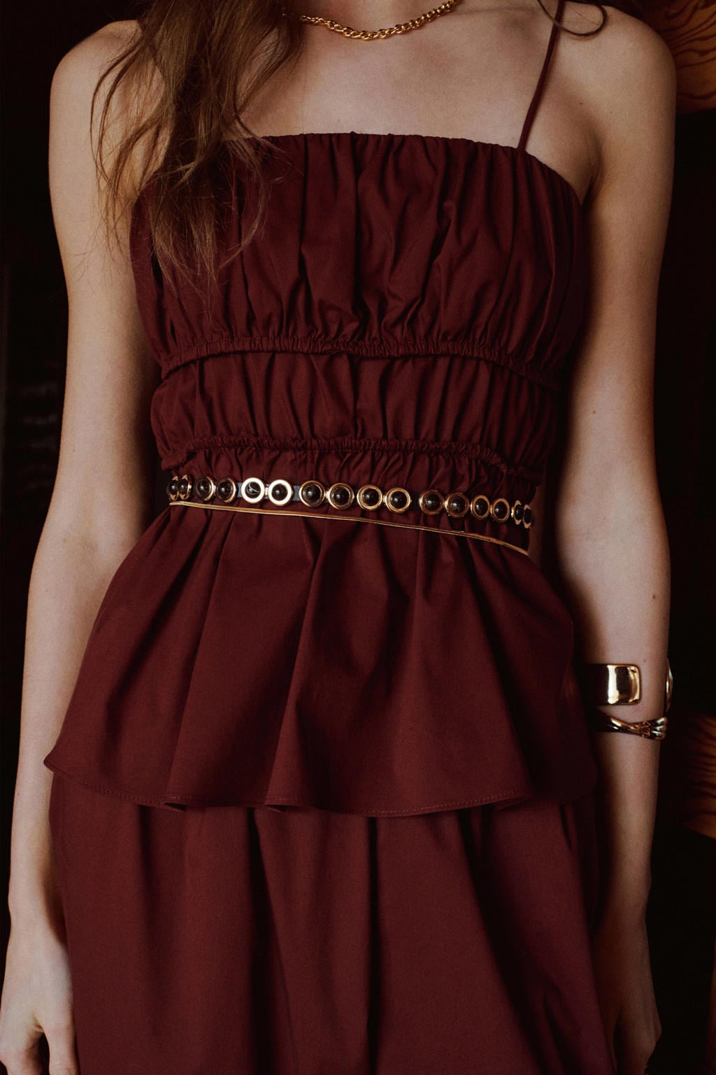 Roodbruine dames Mango peplum top bruin met effen, spaghettibandjes, vierkante hals en smockwerk