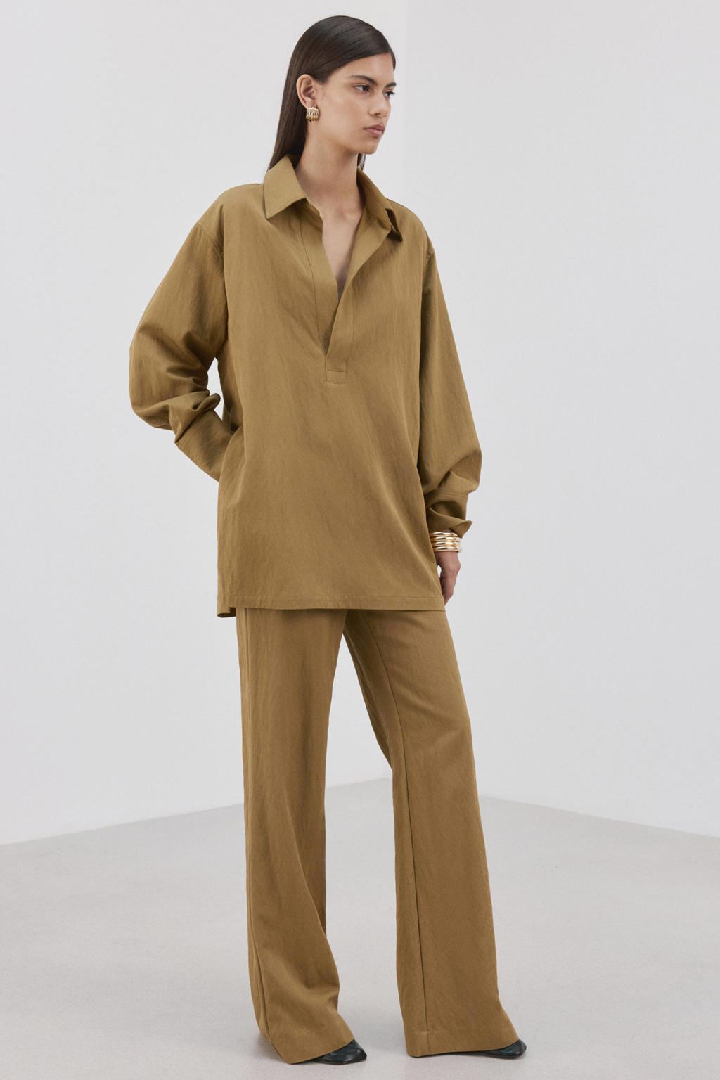 Okergele dames Mango bootcut high waist broek van polyamide met ritssluiting en effen