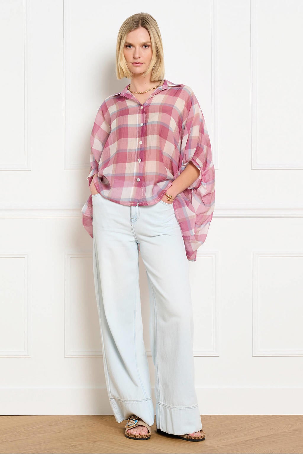 Roze, wit en blauwe dames LOLALIZA geruit blouse van lyocell met driekwart mouwen, klassieke kraag en knoopsluiting