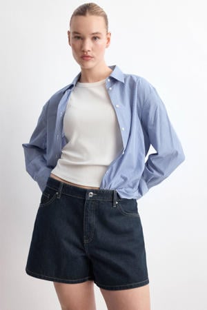 wide leg regular waist short dark blue denim