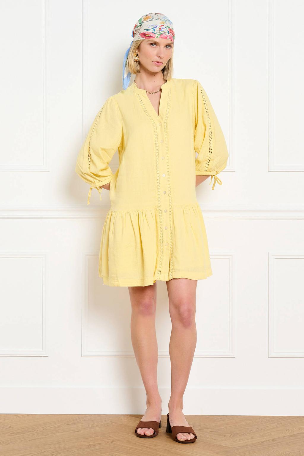 Gele dames LOLALIZA linnen blousejurk broderie met effen, korte mouwen, V-hals en knoopsluiting