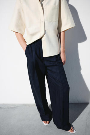 wide leg regular waist broek met krijtstreep donkerblauw
