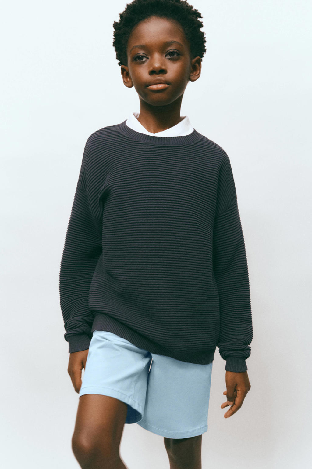 Lichtblauwe jongens Mango Kids casual short van stretchkatoen met elastische tailleband met koord en effen