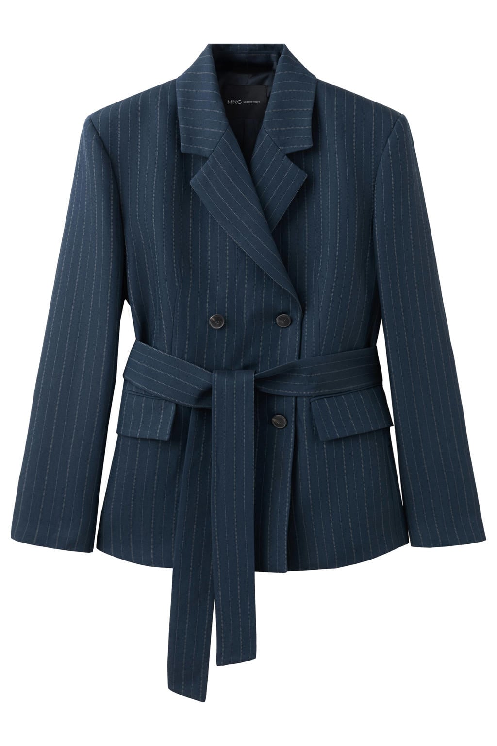 Donkerblauwe dames Mango van viscose met krijtstreepprint, lange mouwen, reverskraag, knoopsluiting en ceintuur