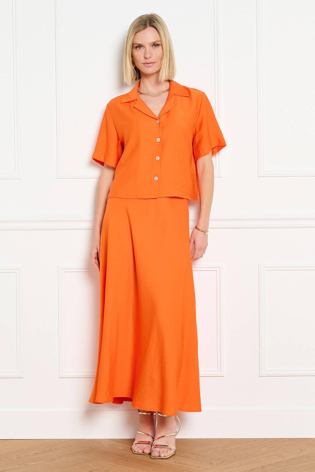 Oranje dames LOLALIZA blouse van viscose met effen, driekwart mouwen, klassieke kraag en knoopsluiting