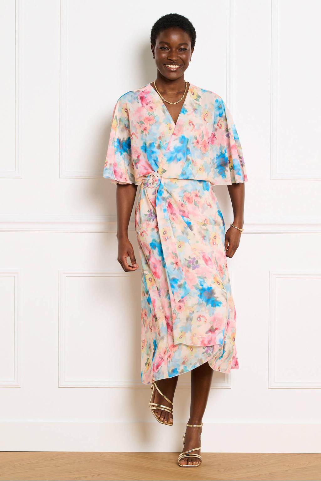 Multikleurige dames LOLALIZA gebloemde midi jurk van polyester met korte mouwen, overslagkraag en striksluiting