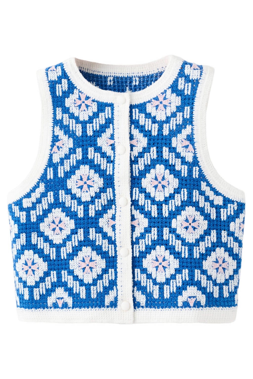 Blauwe meisjes Mango Kids gilet van katoen met ronde hals, knoopsluiting en open breisel