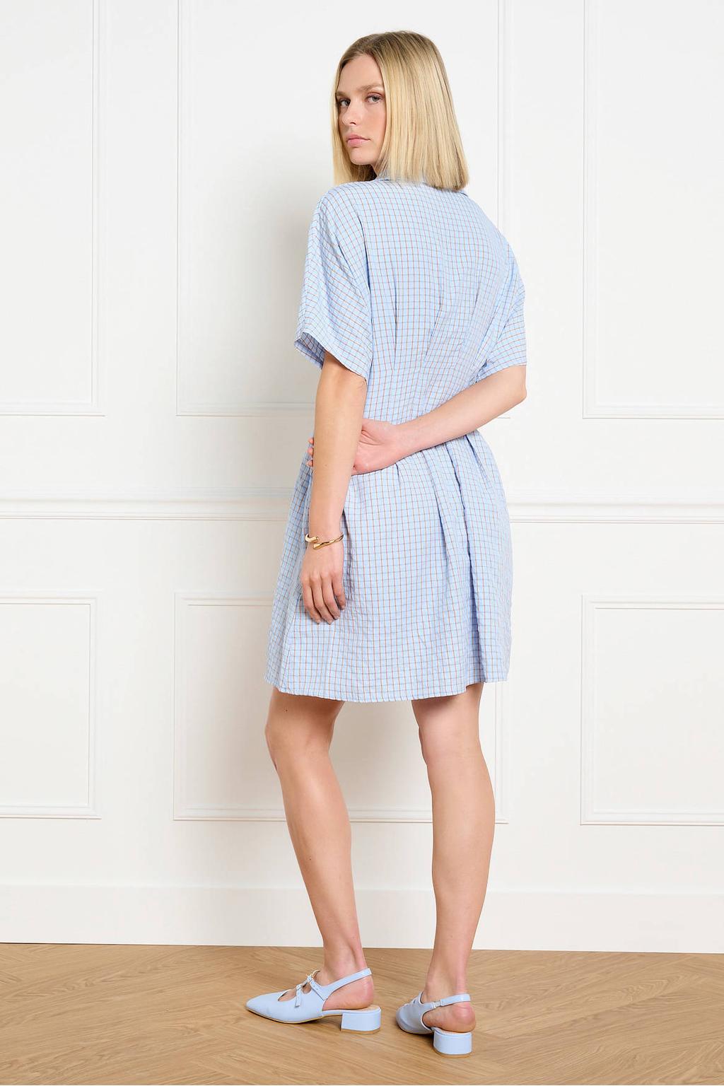 Lichtblauwe dames LOLALIZA geruite blousejurk van polyester met korte mouwen, klassieke kraag en knoopsluiting