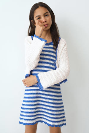 gestreepte korte jurk grof gebreid blauw