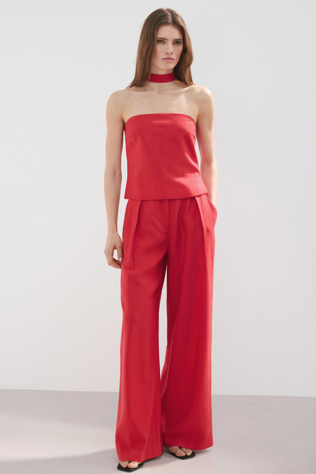 Rode dames Mango wide leg regular waist broek van lyocell met rits, haak- en knoopsluiting en effen