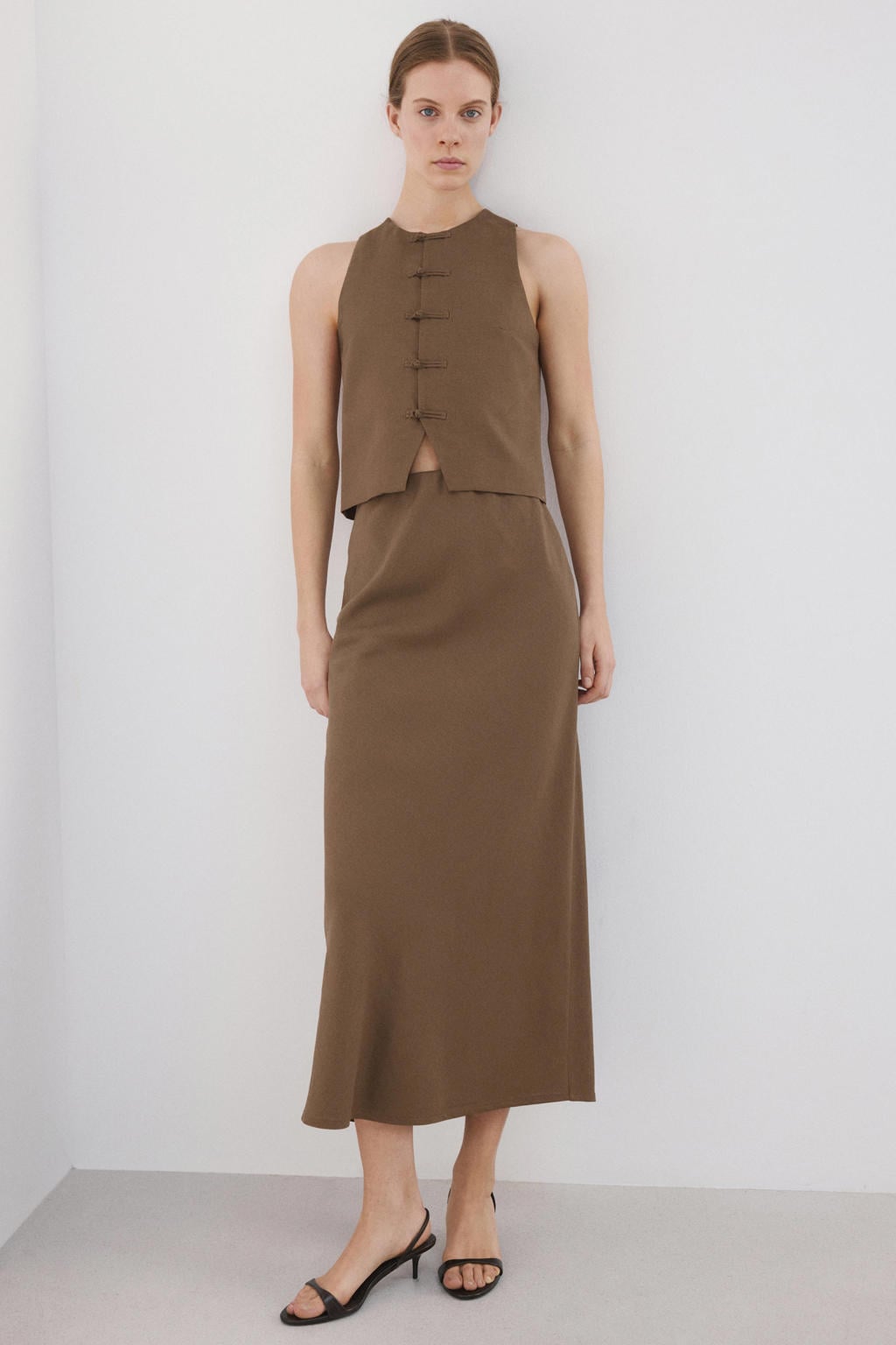 Lichtbruine dames Mango maxi rok gemaakt van viscose en met elastische tailleband
