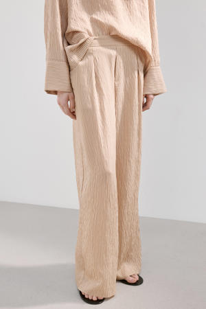 wide leg regular waist broek met krijtstreep beige