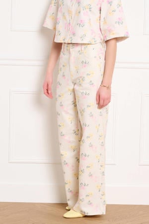 gebloemde wide leg jeans ecru
