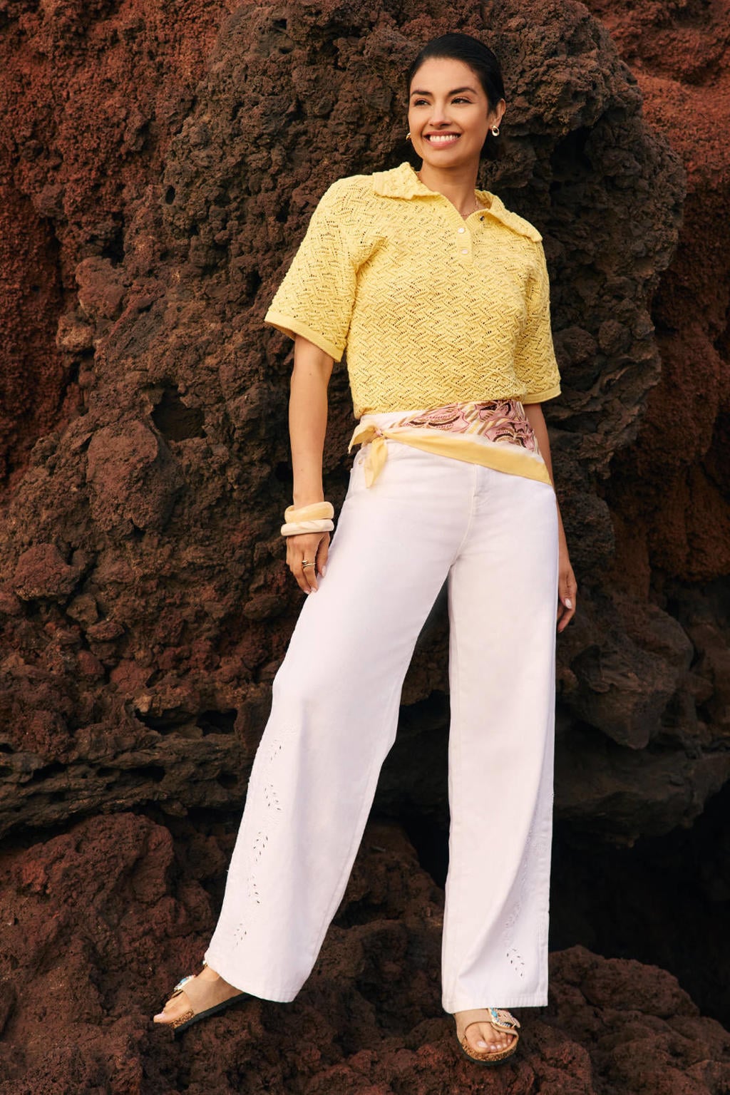Witte dames LOLALIZA wide leg high waist broek broderie van katoen met rits- en knoopsluiting en effen
