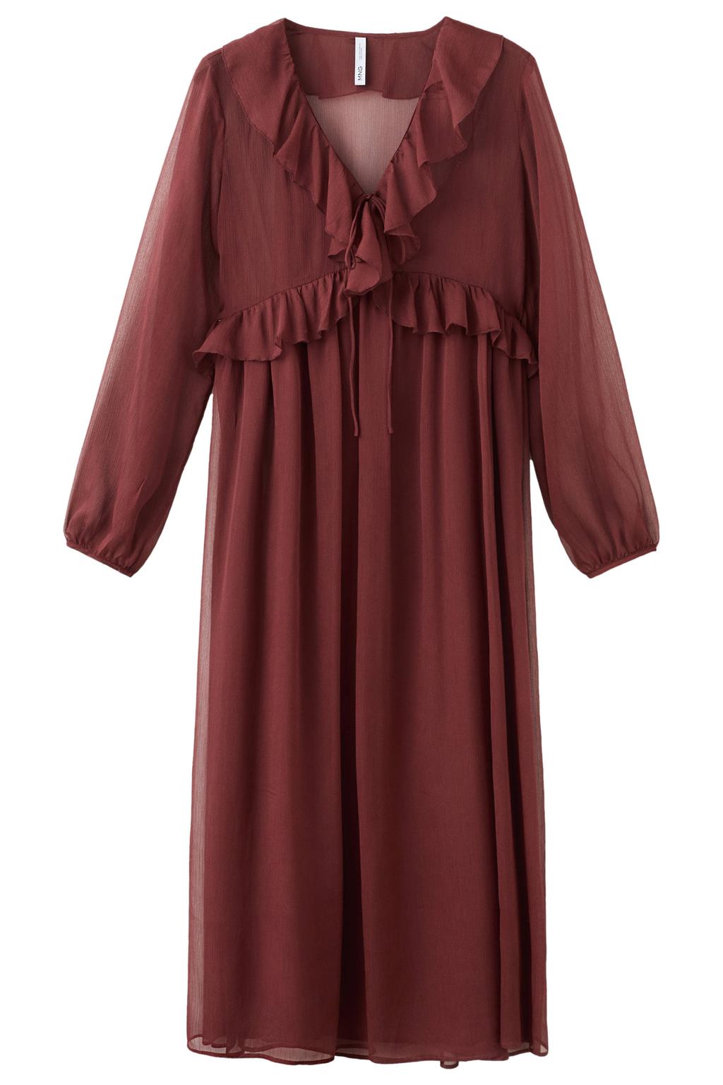 Donkerrode dames Mango maxi jurk van polyester met effen, lange mouwen, V-hals en ruches