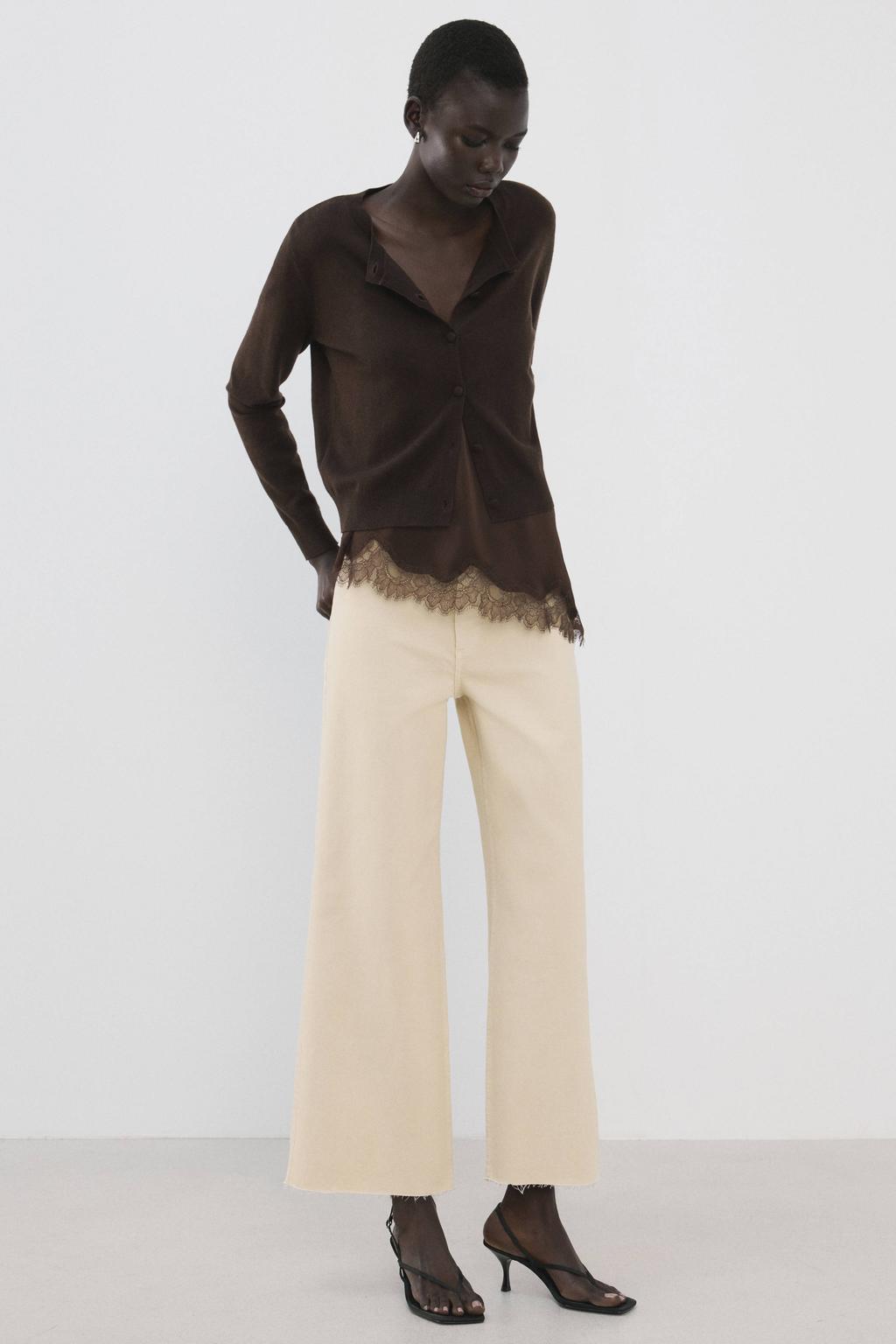 Lichtgele dames Mango wide leg jeans van denim met rits- en knoopsluiting en effen
