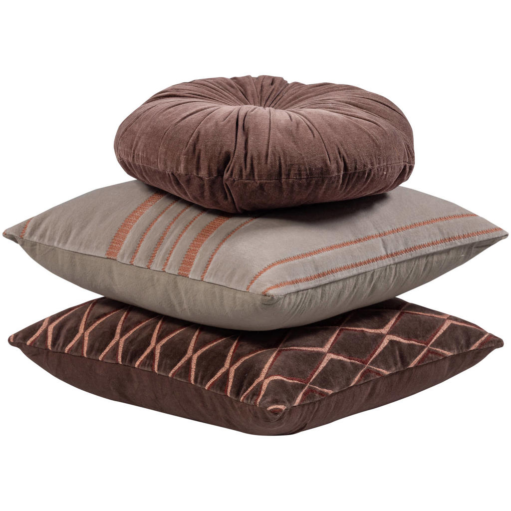 WOOOD WOOOD Aziz Kussens - Velvet stof - Bruin/Naturel - Set Van 3