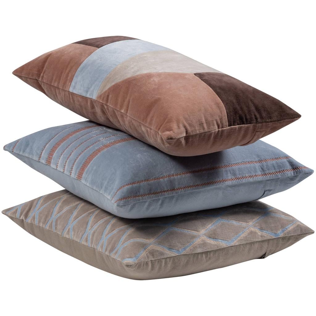 WOOOD WOOOD Laon Kussens - Velvet stof - Naturel/Blauw - Set Van 3