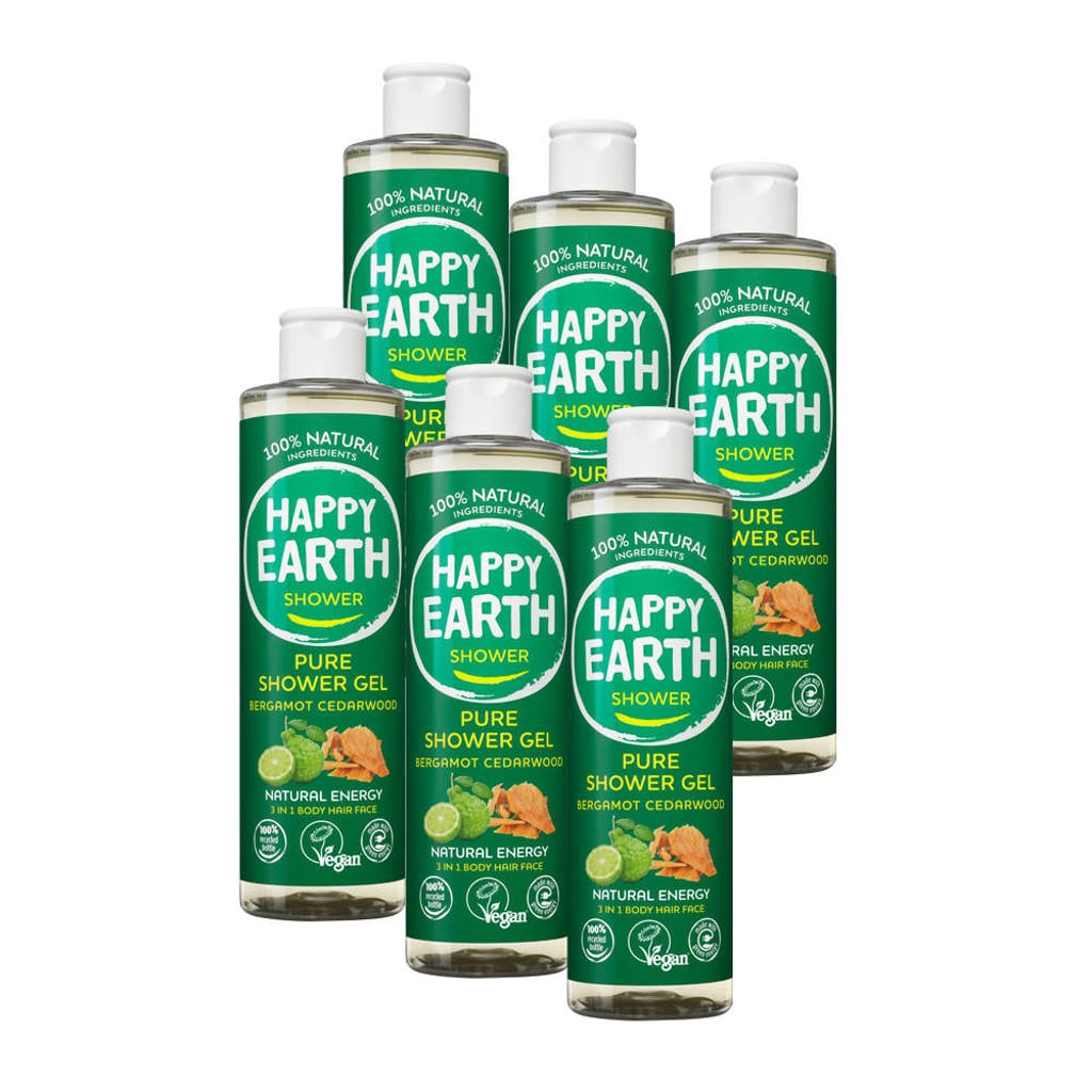 Happy Earth douchegel Bergamot Cedarwood - 6 stuks