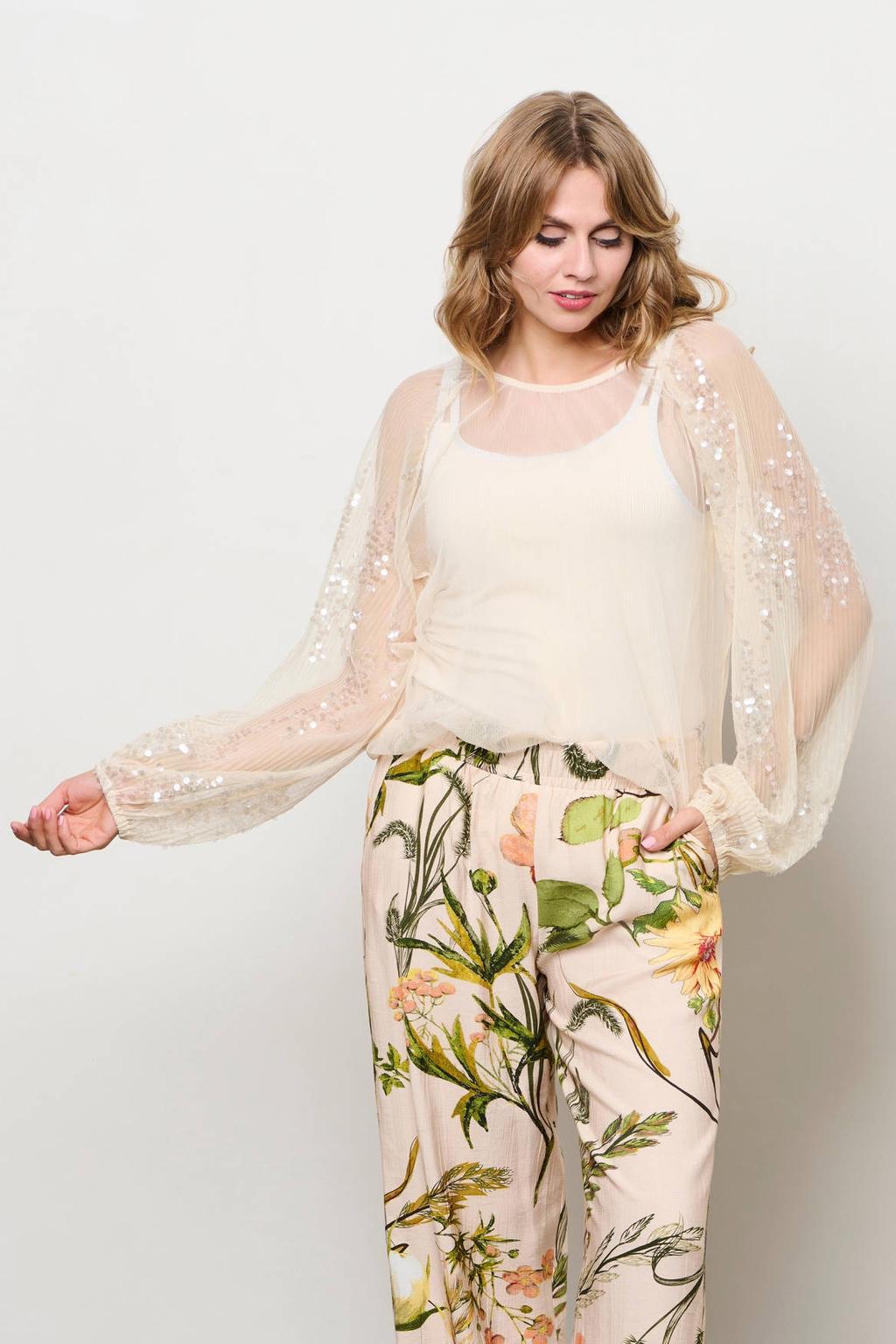Ecru dames &Co Woman blousetop van polyester met effen, lange mouwen, ronde hals en pailletten