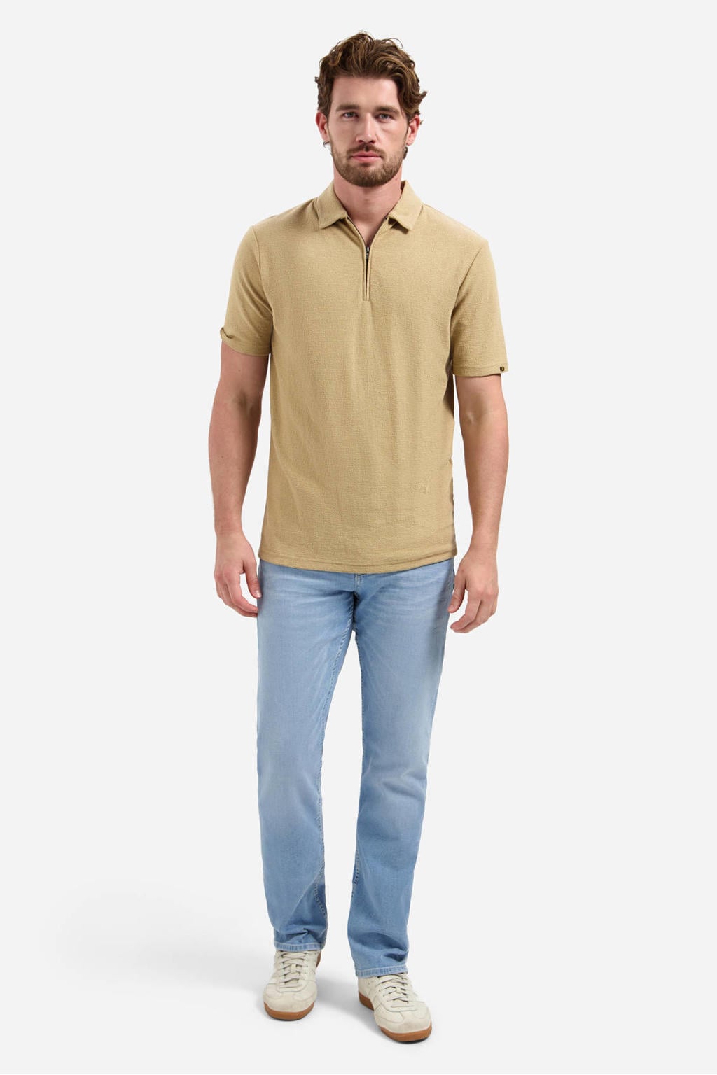 Beige heren No Excess regular polo van katoen met effen, korte mouwen en halve rits