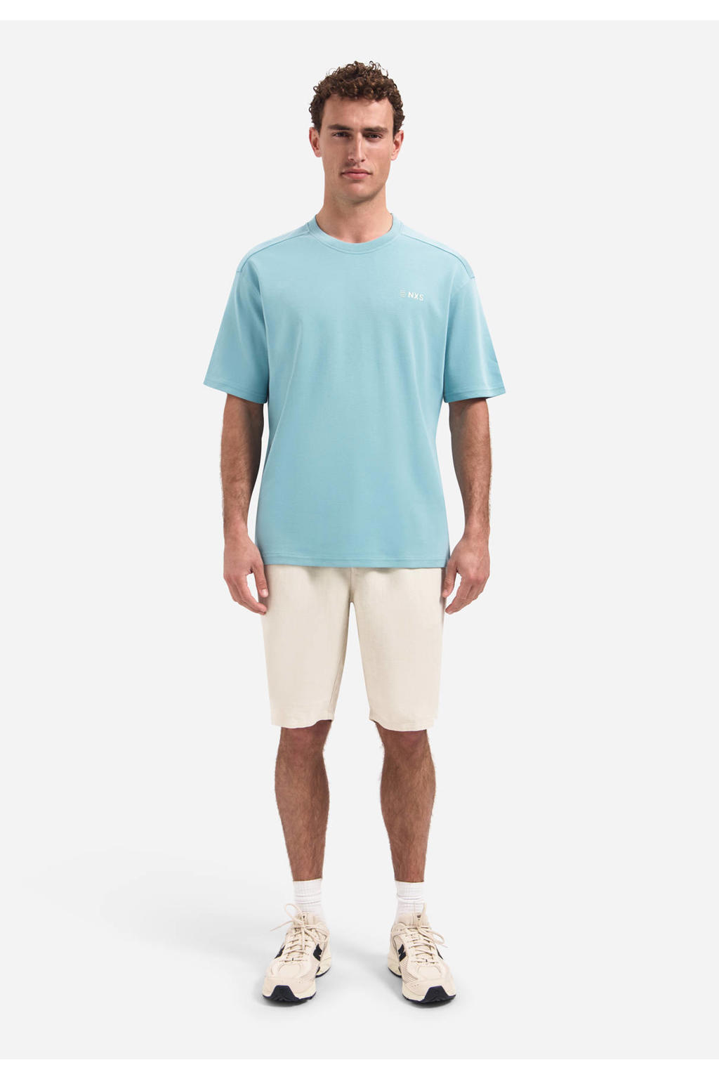 Blauwe heren No Excess relaxed T-shirt van katoen met backprint, korte mouwen en ronde hals