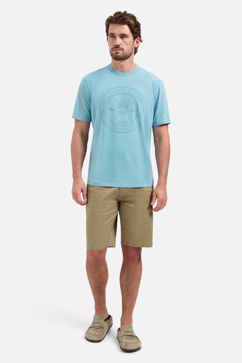 Blauwe heren No Excess regular T-shirt van katoen met printopdruk, korte mouwen en ronde hals