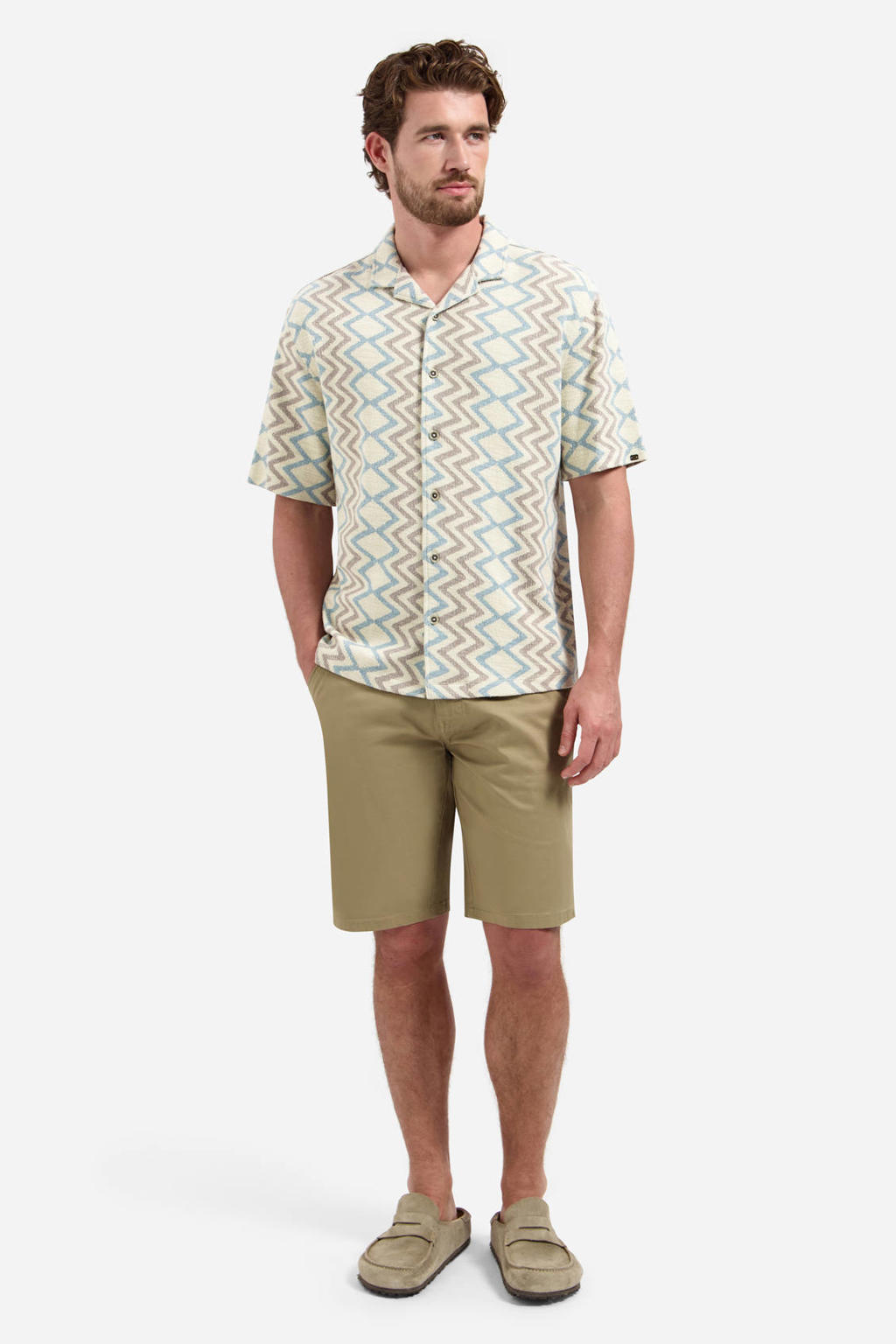 Beige heren No Excess regular casual overhemd van katoen met korte mouwen, reverskraag en knoopsluiting