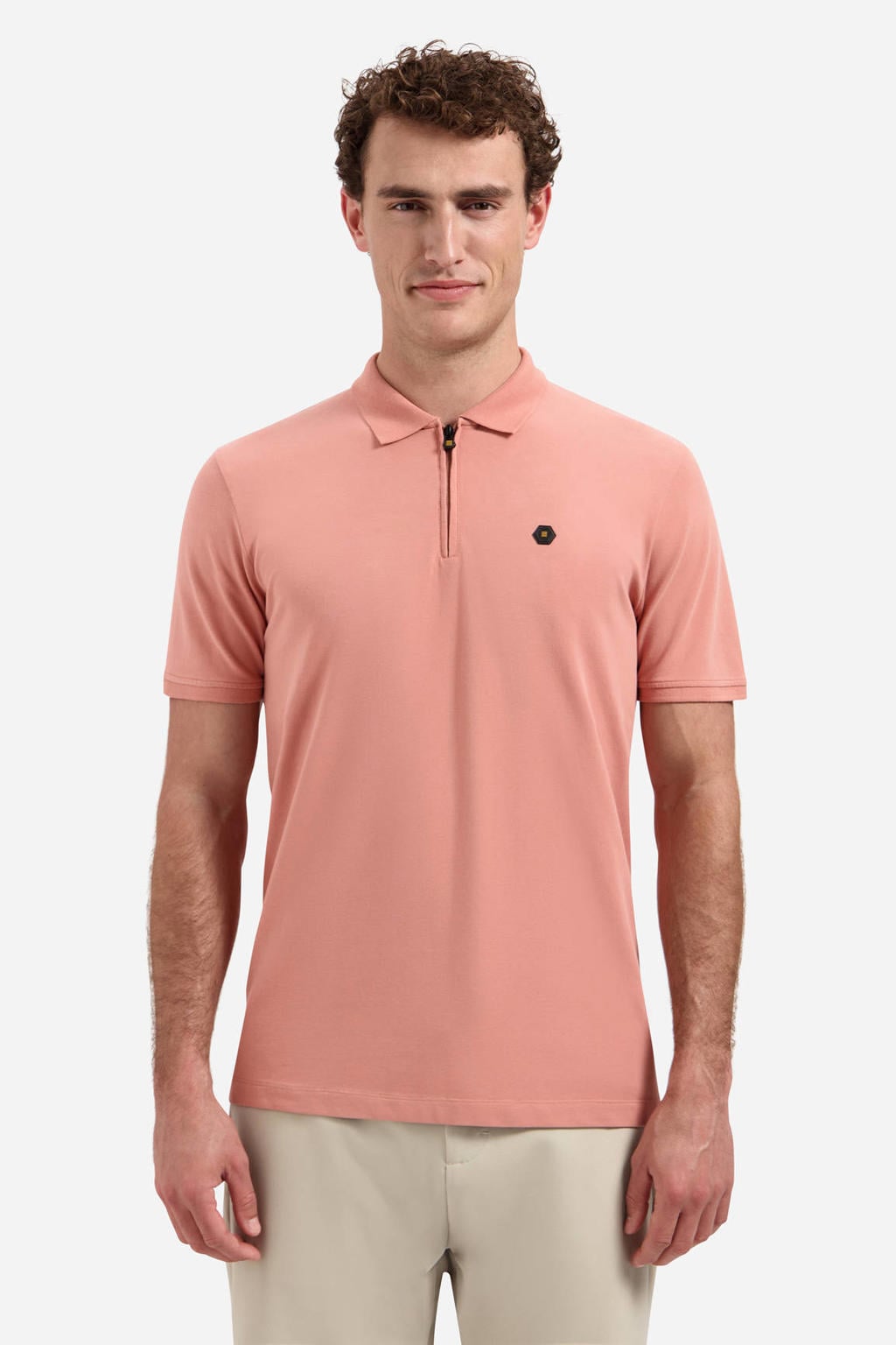 Roze heren No Excess regular polo van katoen met effen, korte mouwen en halve rits