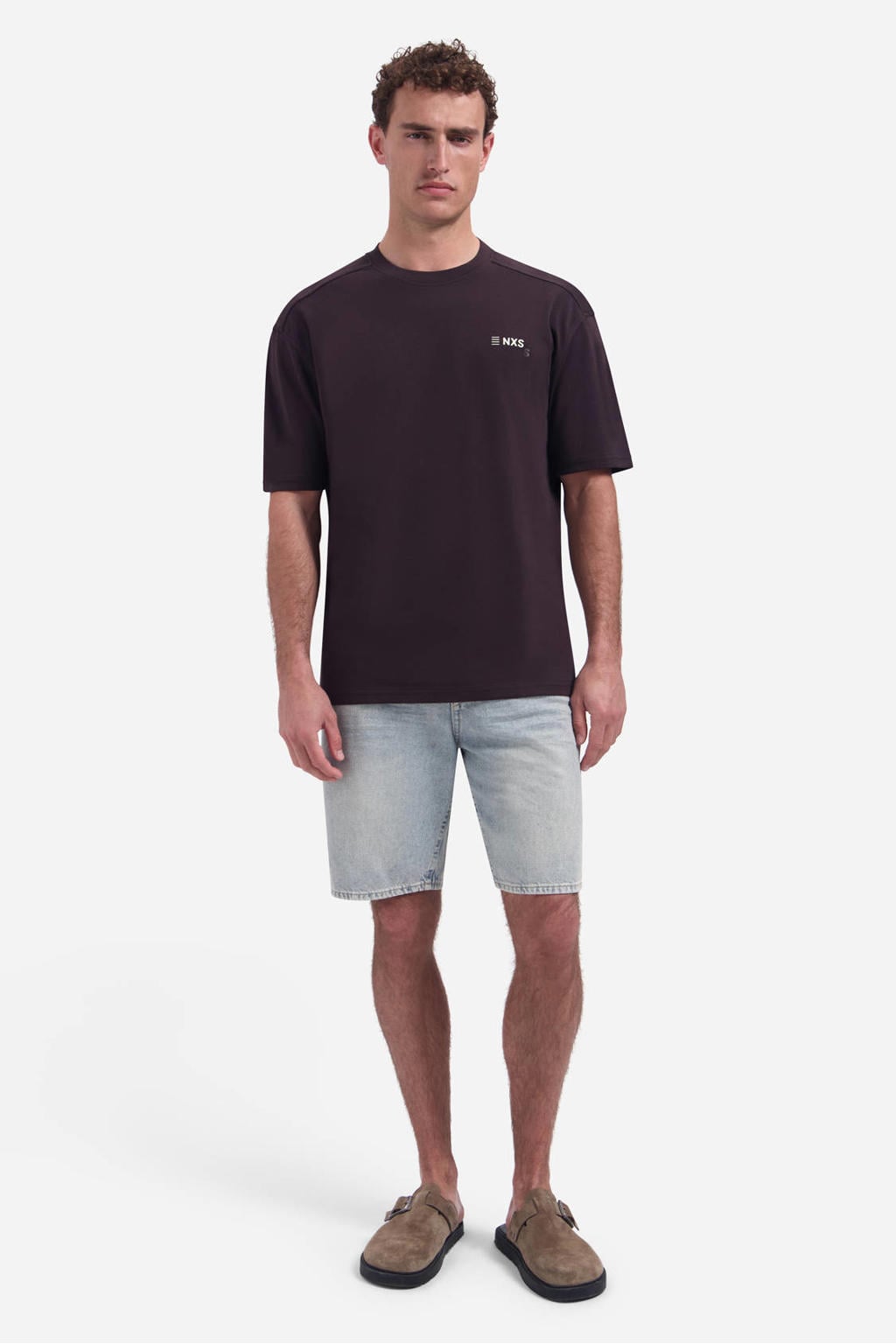 Donkerblauwe heren No Excess relaxed T-shirt van katoen met backprint, korte mouwen en ronde hals