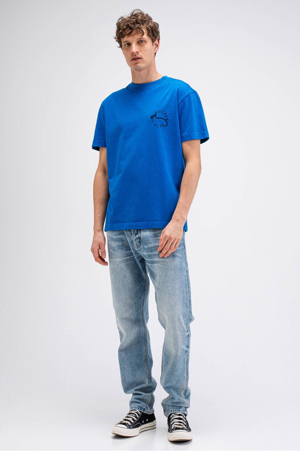 Blauwe heren Butcher of Blue regular fit t-shirt poolblauw van katoen met korte mouwen en ronde hals