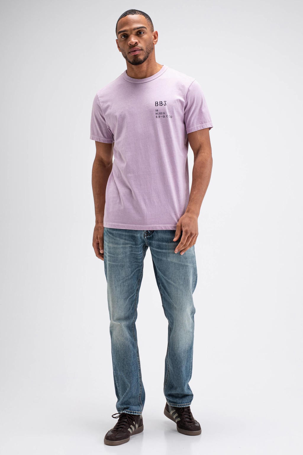 Paarse heren Butcher of Blue regular fit T-shirt en print lichtpaars met korte mouwen en ronde hals