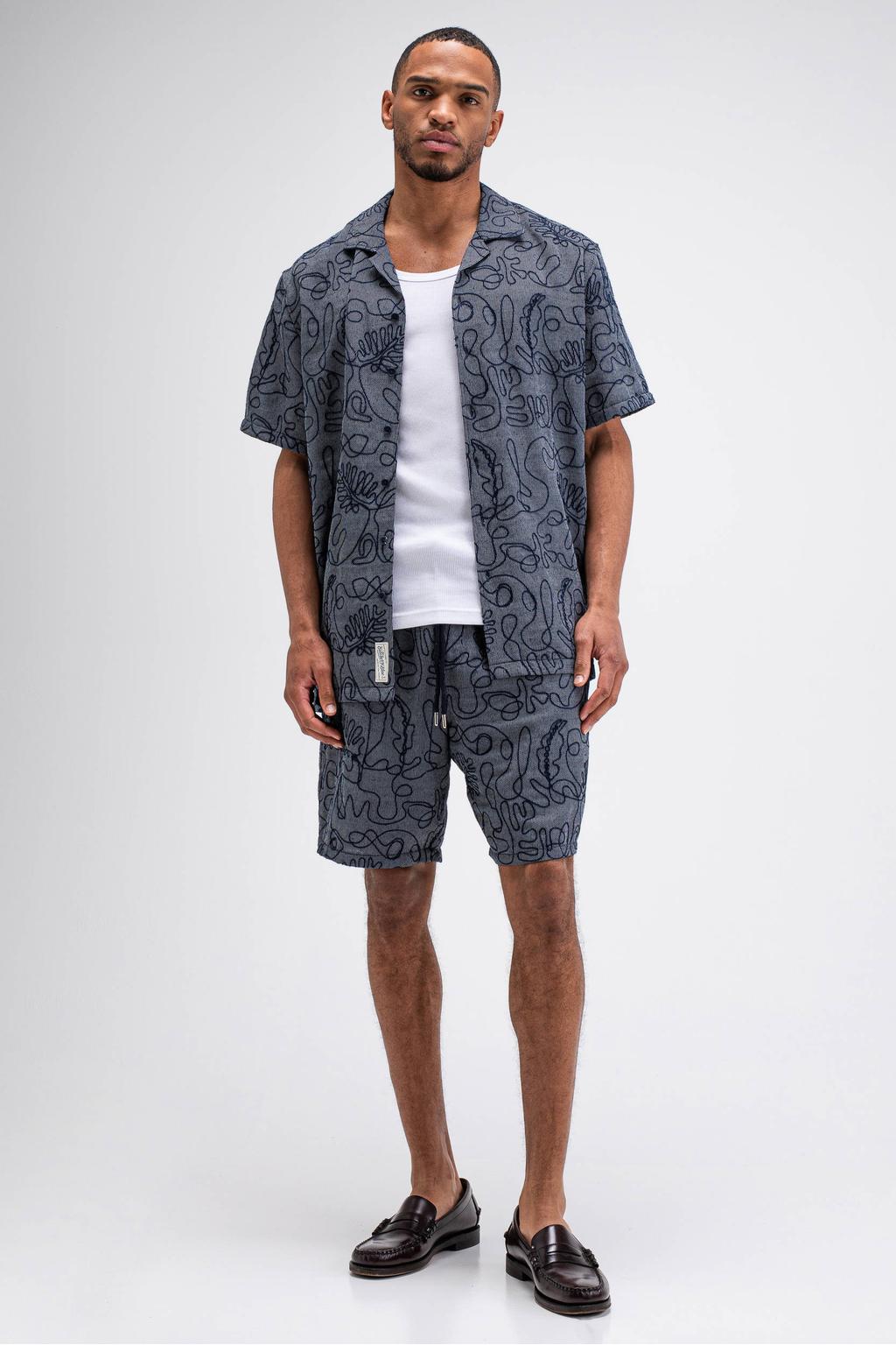Grijsblauwe heren Butcher of Blue regular fit overhemd en print blauw met korte mouwen, reverskraag en borduursels