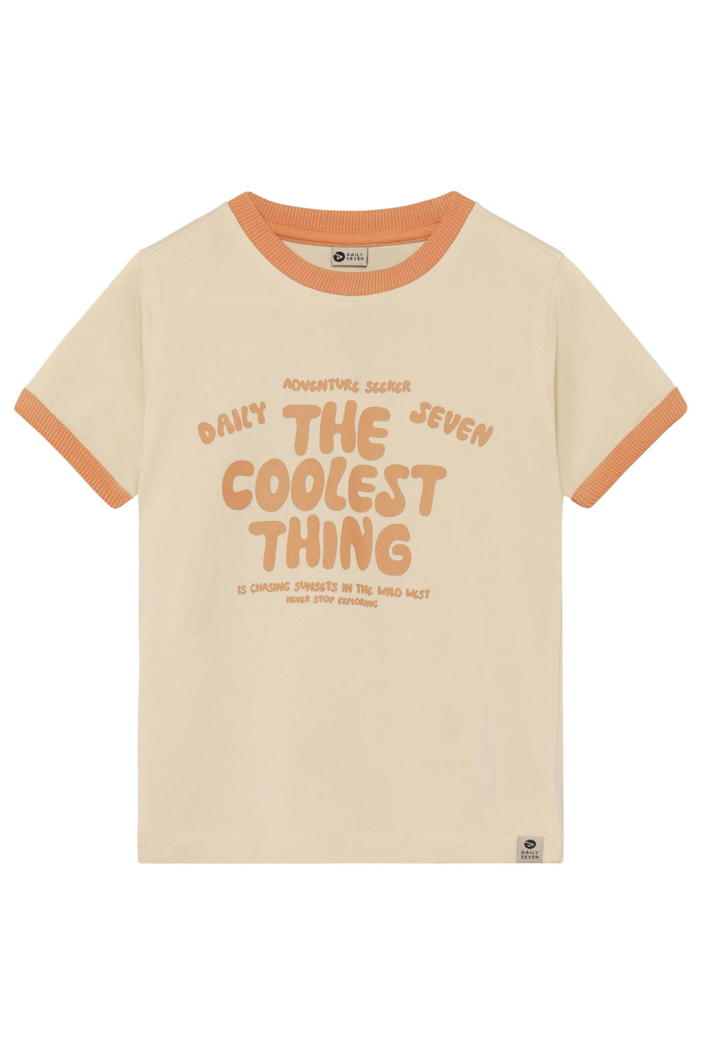 Beige en bruine jongens Daily7 T-shirt van stretchkatoen met meerkleurige print, korte mouwen en ronde hals