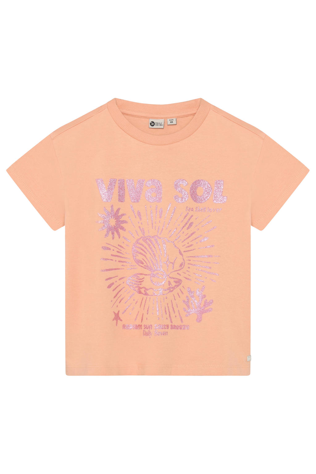 Oranje meisjes Daily7 T-shirt van stretchkatoen met printopdruk, korte mouwen, ronde hals en glimmend detail