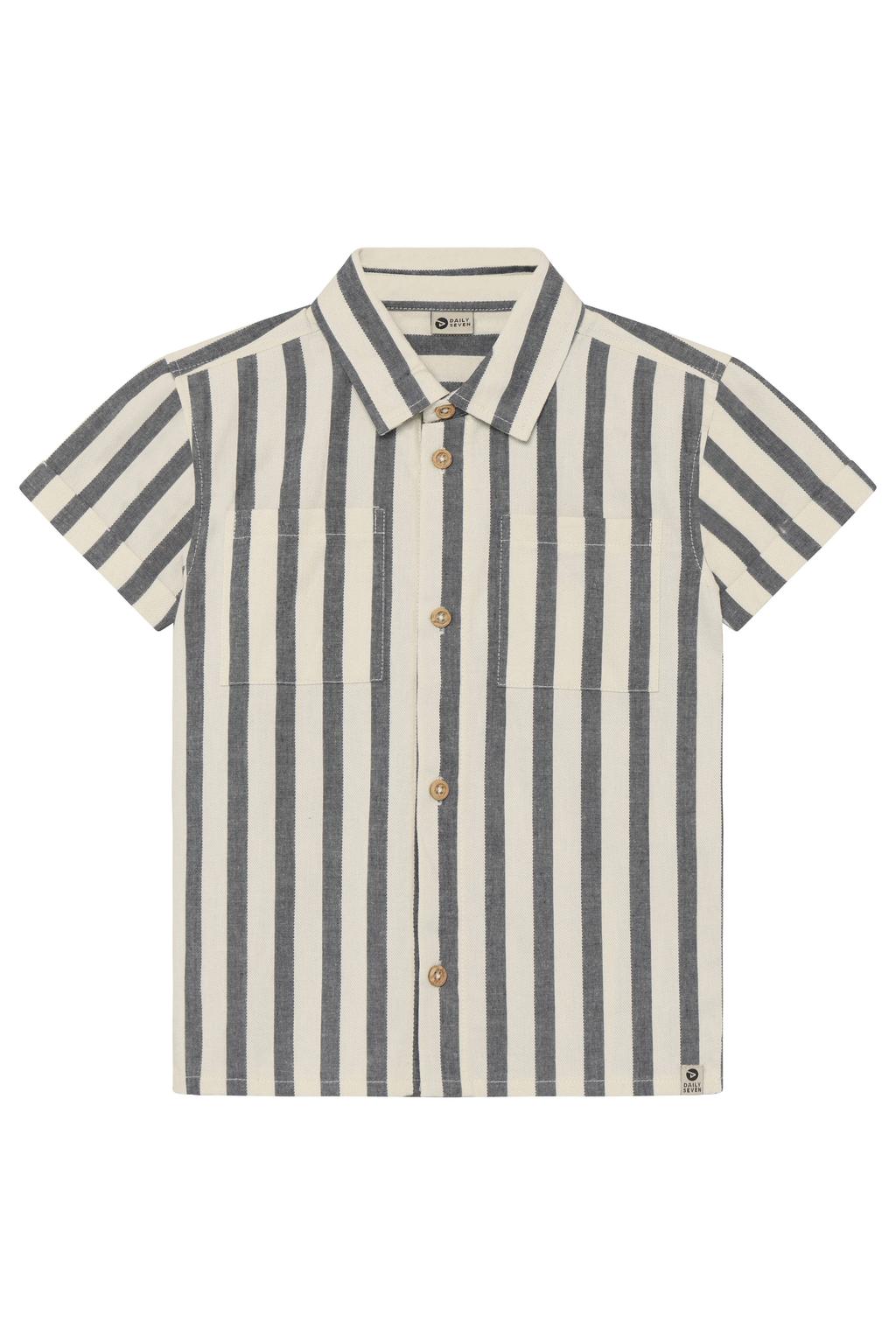 Beige en donkerblauwe jongens Daily7 gestreept casual overhemd van katoen met korte mouwen, klassieke kraag en knoopsluiting