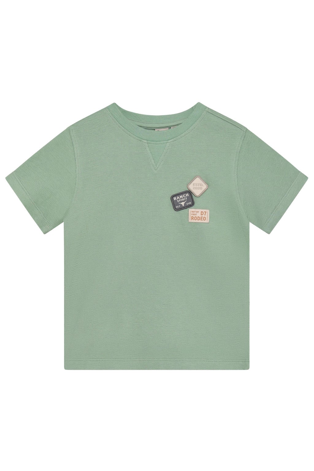 Groene jongens Daily7 T-shirt van katoen met printopdruk, korte mouwen, ronde hals en patches