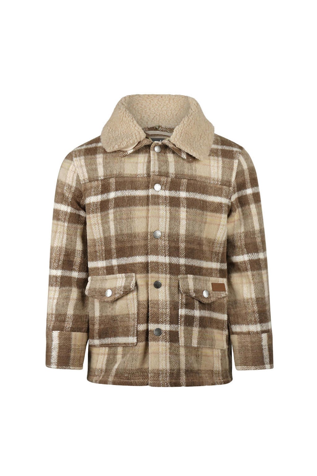 Beige en bruine jongens Koko Noko geruite shacket van polyester met lange mouwen, klassieke kraag en knoopsluiting