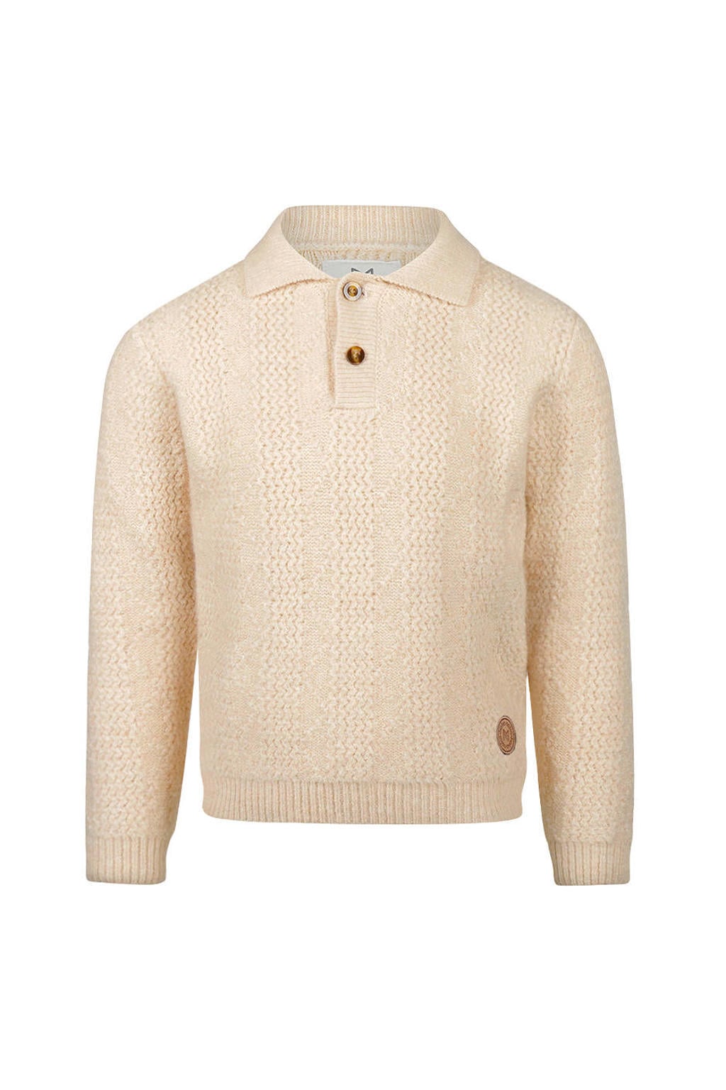 Beige jongens Koko Noko rechtvallende gebreide trui van polyester met effen, lange mouwen, polo kraag en knoopsluiting