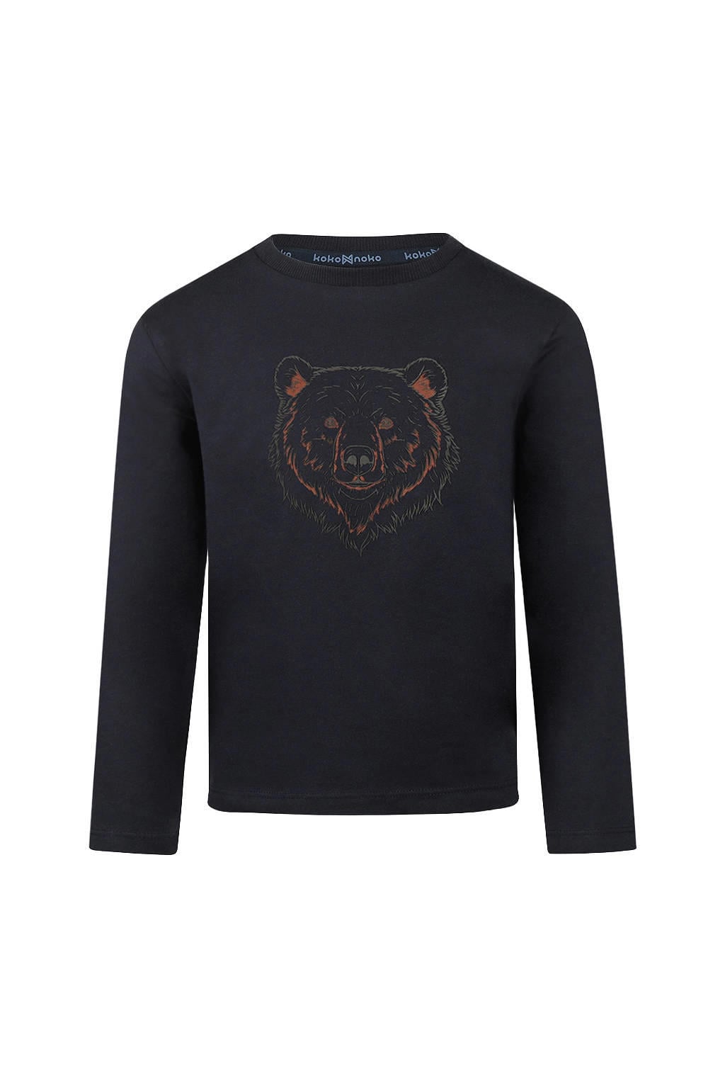 Donkerblauwe jongens Koko Noko rechtvallende longsleeve van stretchkatoen met printopdruk, lange mouwen, ronde hals en drukknoopsluiting