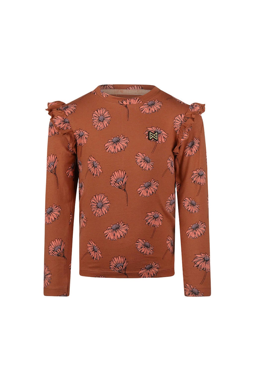 Bruine meisjes Koko Noko rechtvallende gebloemde longsleeve van stretchkatoen met lange mouwen, ronde hals, drukknoopsluiting en ruches