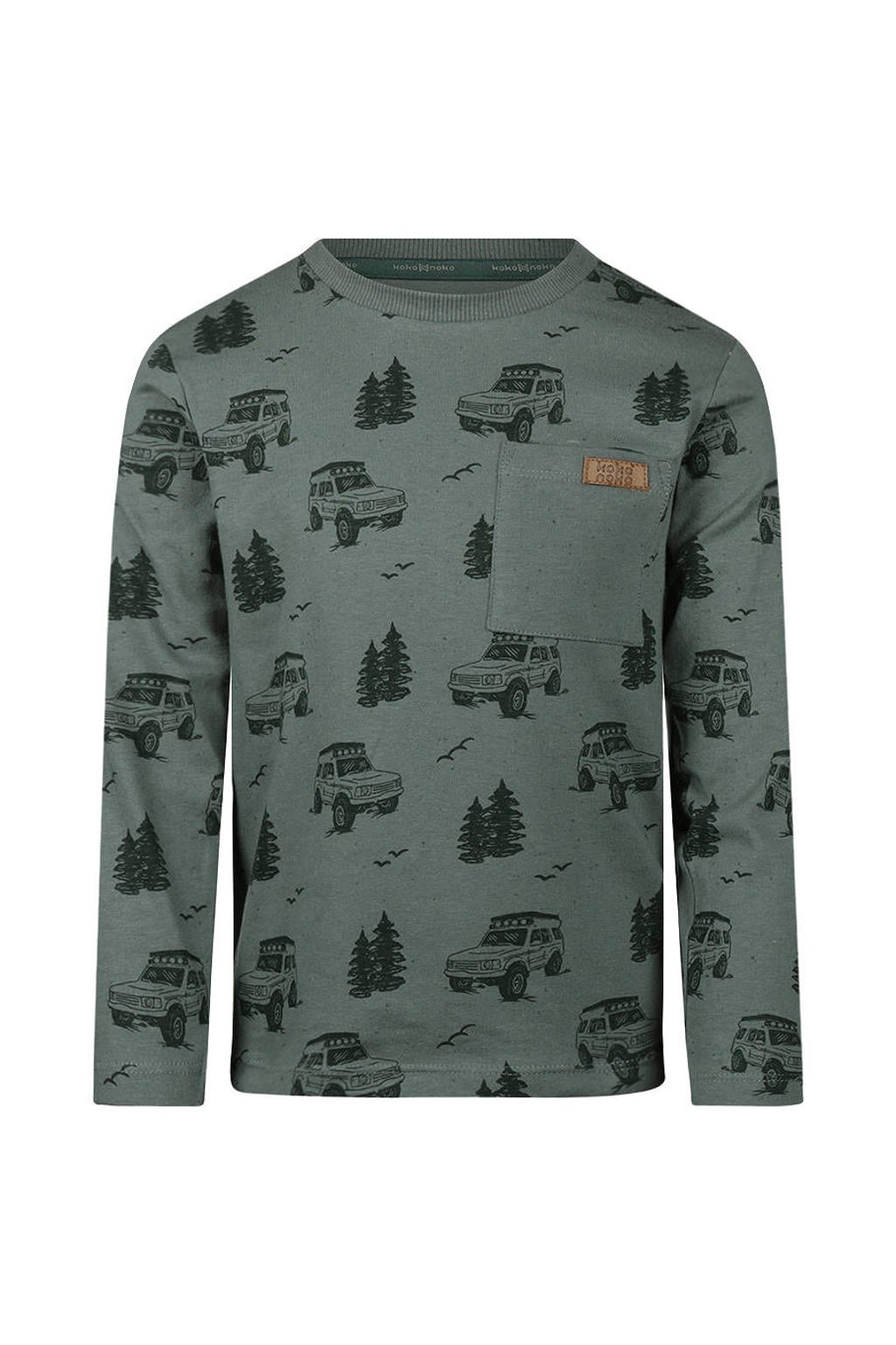 Grijsgroene jongens Koko Noko rechtvallende longsleeve groen met lange mouwen en drukknoopsluiting