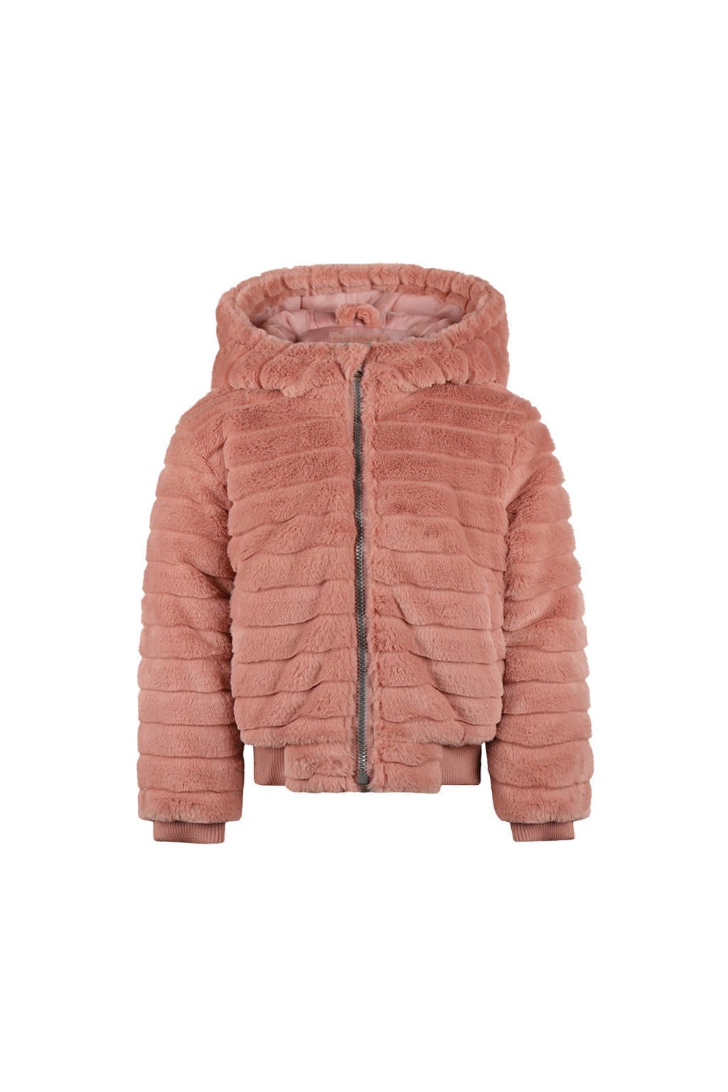 Roze meisjes Koko Noko faux fur jas van imitatiebont met effen, lange mouwen, capuchon en ritssluiting