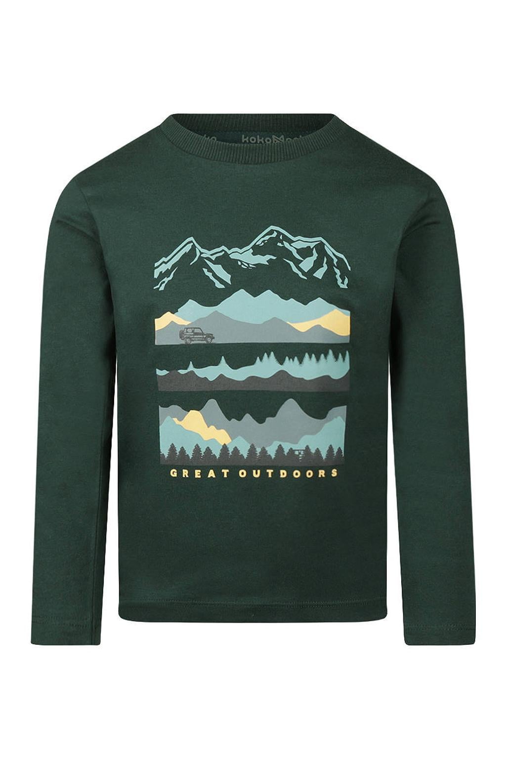 Donkergroene jongens Koko Noko rechtvallende longsleeve van stretchkatoen met printopdruk, lange mouwen, ronde hals en drukknoopsluiting