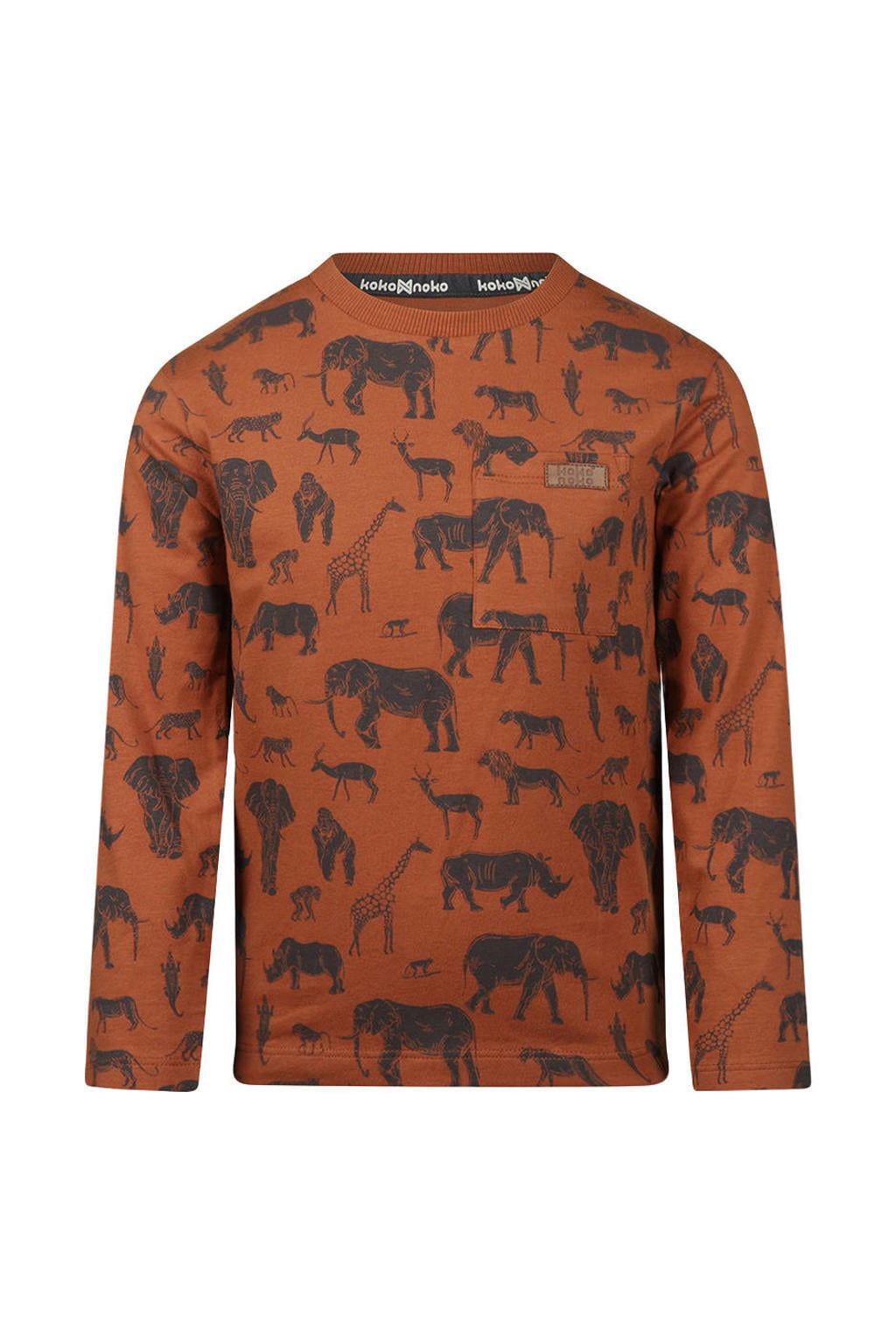 Donker oranje jongens Koko Noko rechtvallende longsleeve van stretchkatoen met lange mouwen, ronde hals en drukknoopsluiting